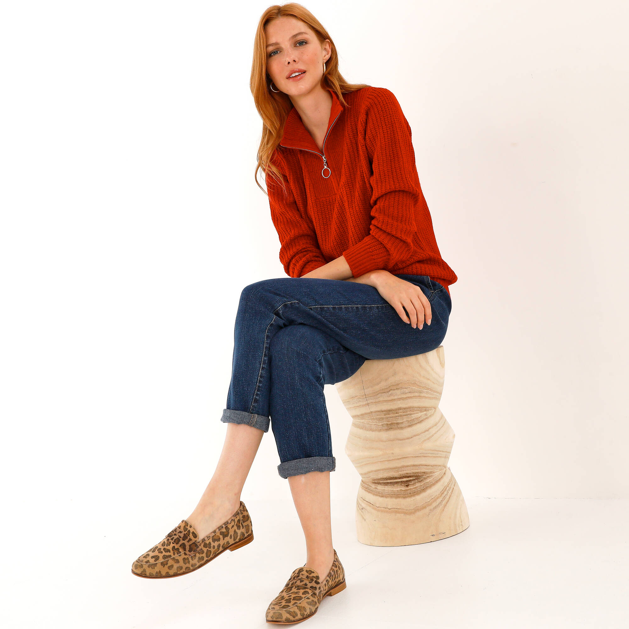 Pull col zippé, maille anglaise