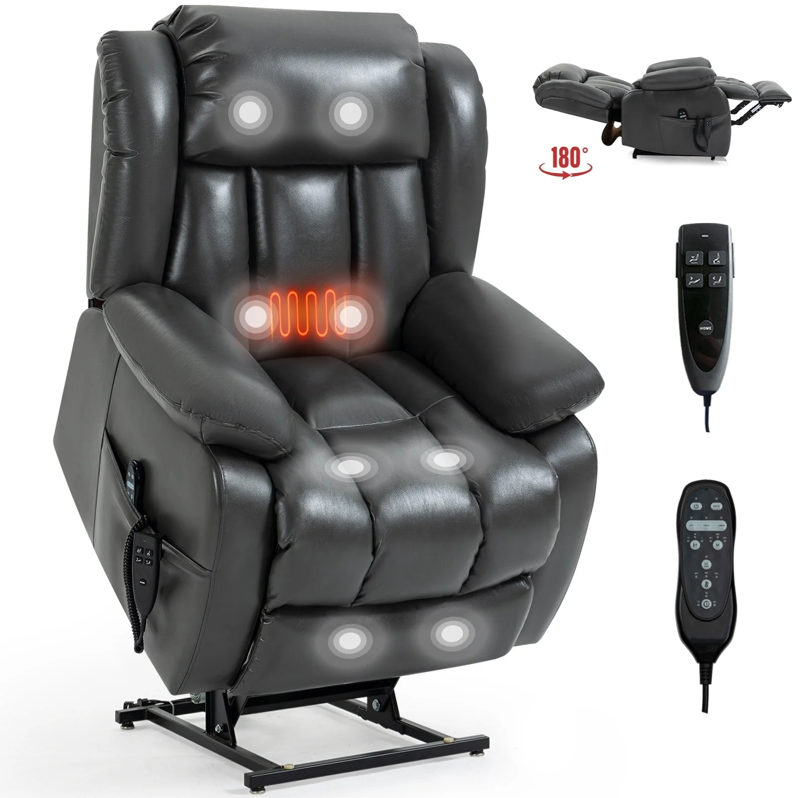 Faux Leather Power Lift Recliner with Massage & Lumbar Heating