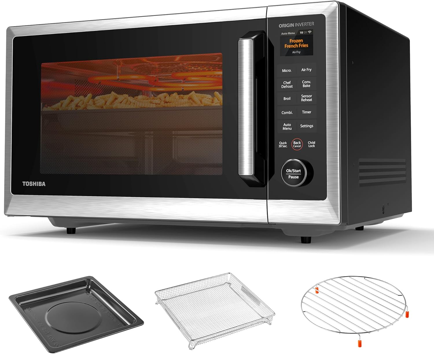 TOSHIBA OptiChef Air Fryer Combo Countertop Microwave Oven with 2.4-Inch Color Screen, Origin Inverter Technology, Smart Sensor, Compatible with Alexa, 1100W, 1.3 Cu.Ft, Silver ML2-STC13SAIT(SS)