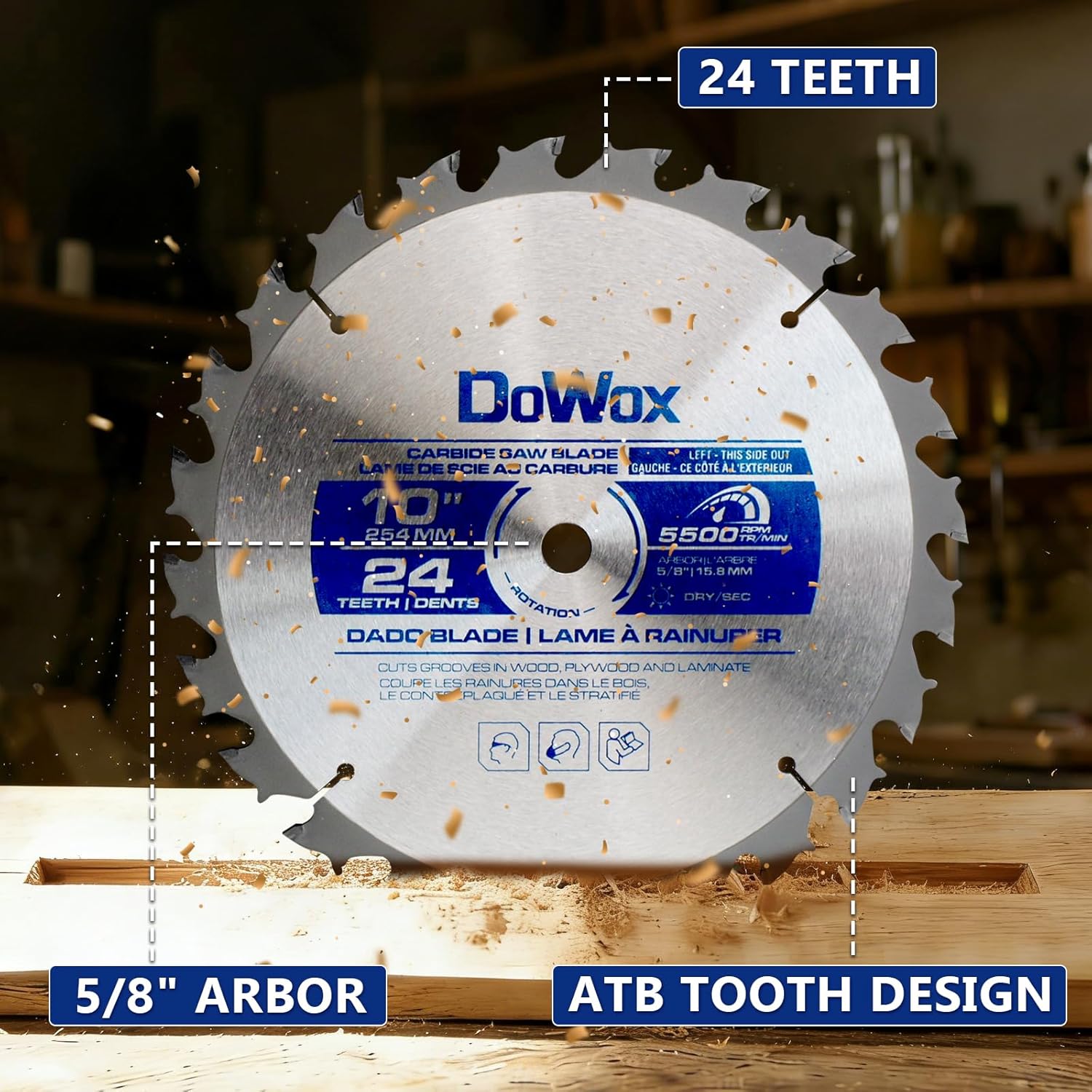 10 Carbide Stacked Dado Saw Blade Set, Pro Dado Set for Fine Finished Cuts, Grooves, Dados and Rabbets, 24 Tooth with 5/8 Bore, 23 Pieces