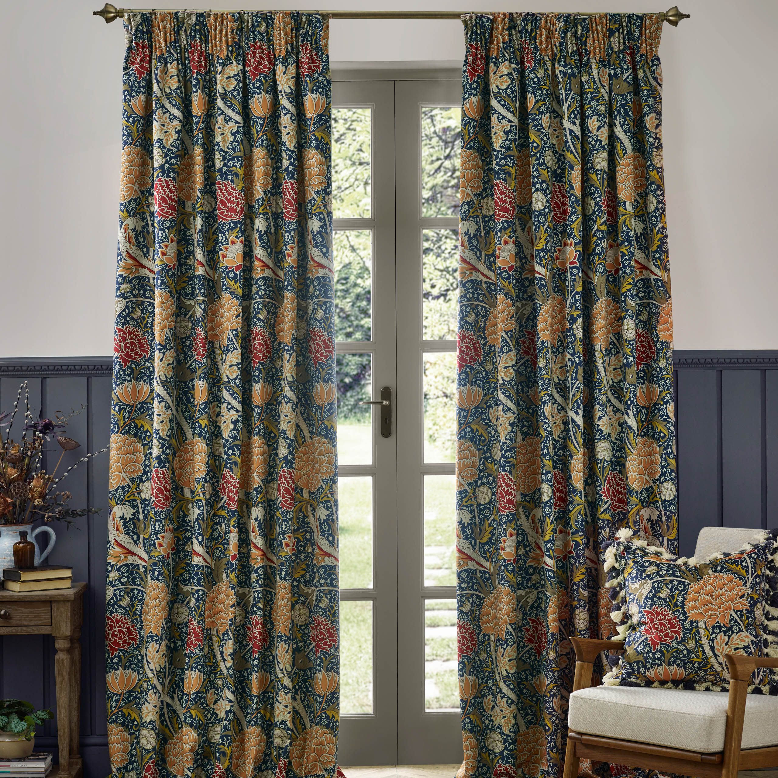 Morris & Co Cray Floral Velvet Room Darkening Pencil Pleat Curtains