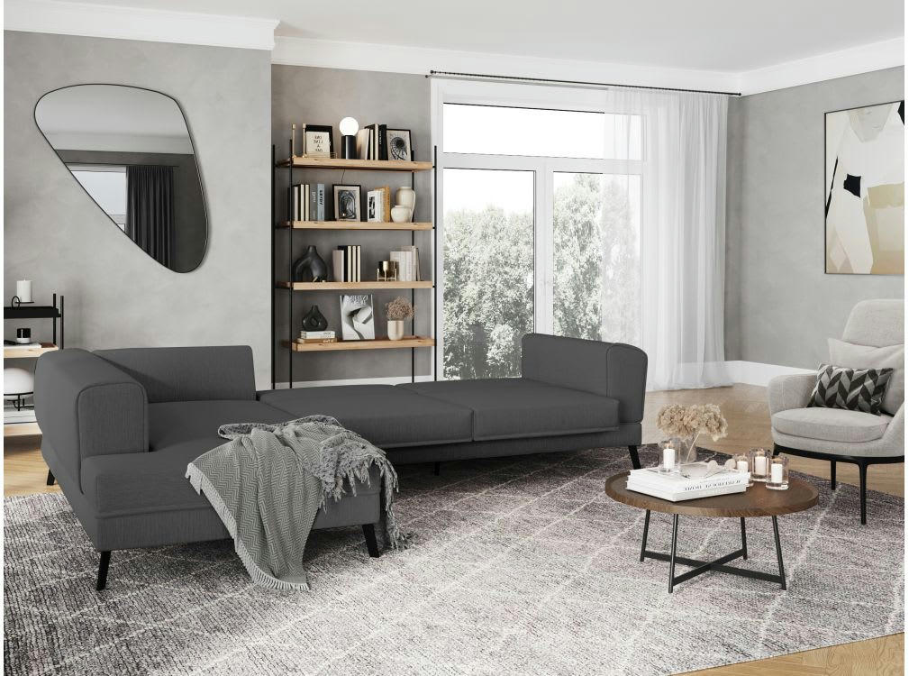 INDIA - Canapé d'angle gauche convertible 2 coffres en tissu - Gris foncé