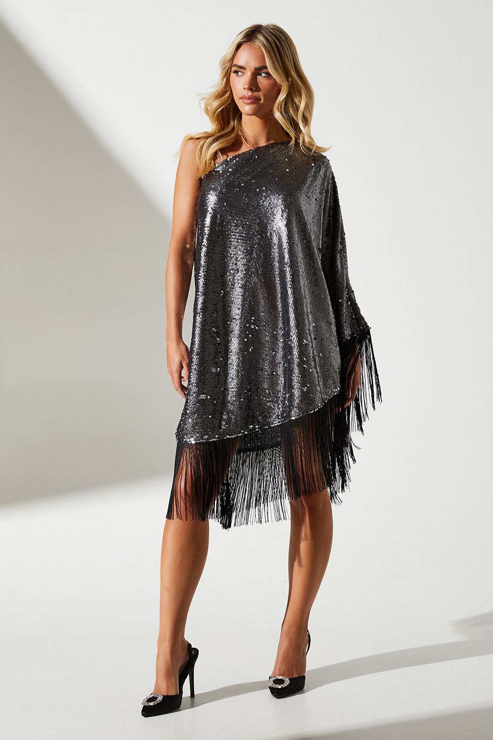 Coast Petite Party Sequin One Shoulder Mini Dress With Fringe