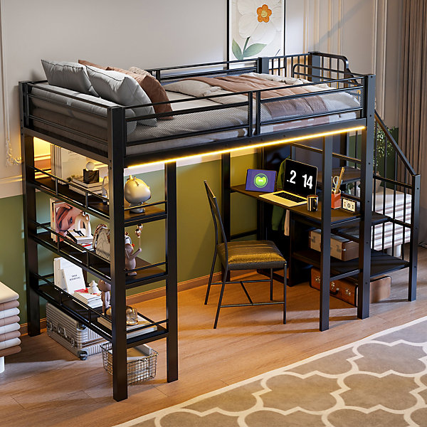 Lit mezzanine 90x200 cm avec LED et prise électrique - avec compartiments de rangement - avec étagère - noir (matelas non inclus)