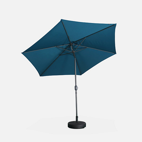 Parasol droit rond D.300cm - Touquet Bleu canard - mât central en aluminium orientable et manivelle d'ouverture