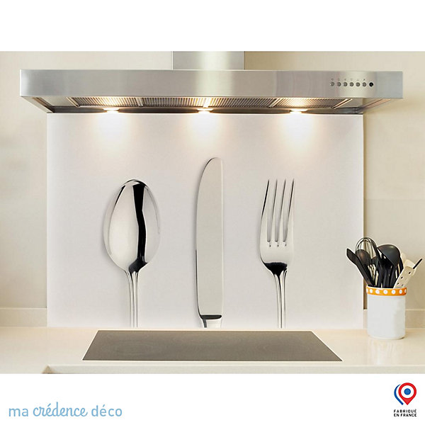 Crédence cuisine fond de hotte Couverts sur fond blanc - Verre trempé - L 90 cm x H 70 cm - MaCrédenceDéco