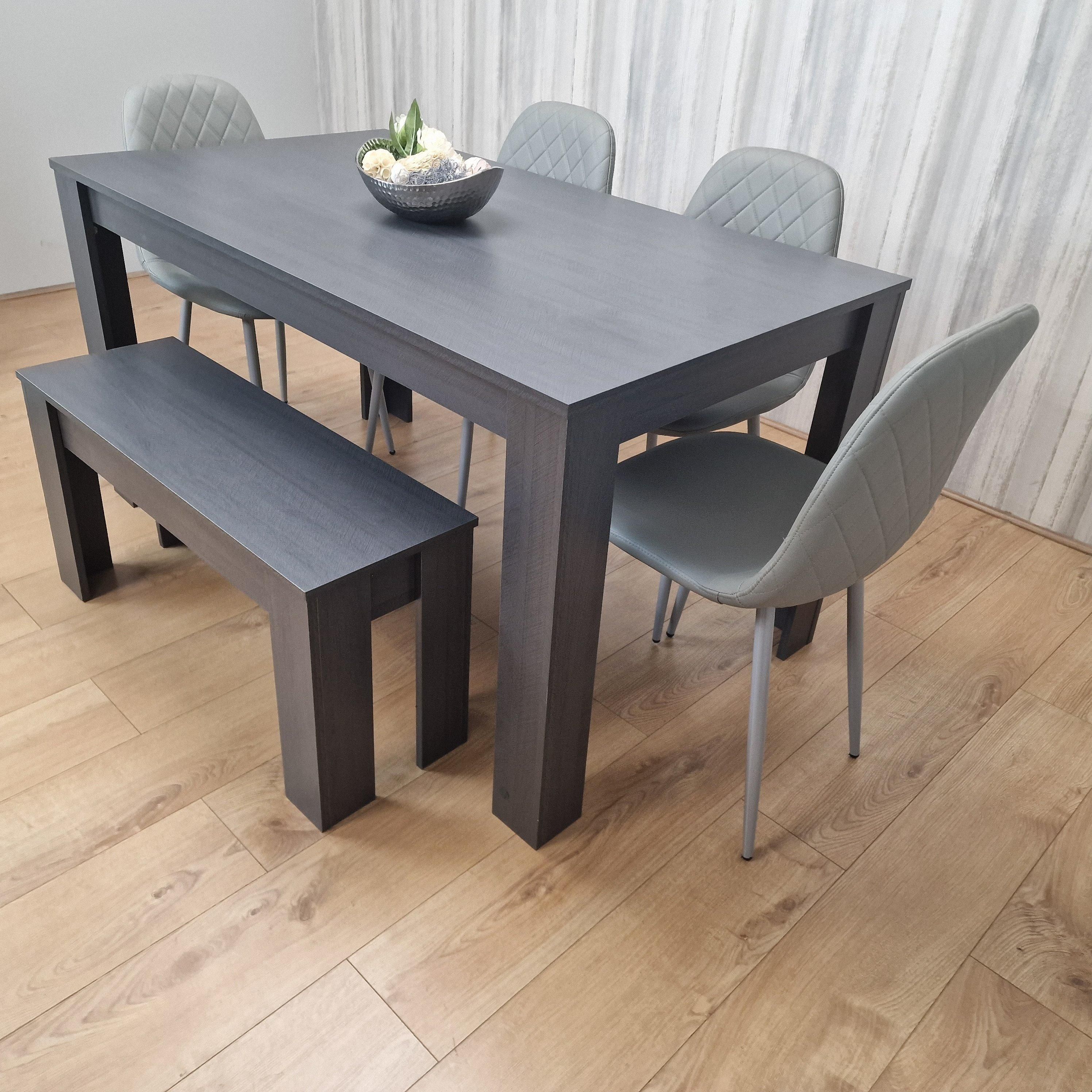 KOSY KOALA Dark Grey Dining Table with 4 Diamond Stitched Grey Chairs and 1 Bench