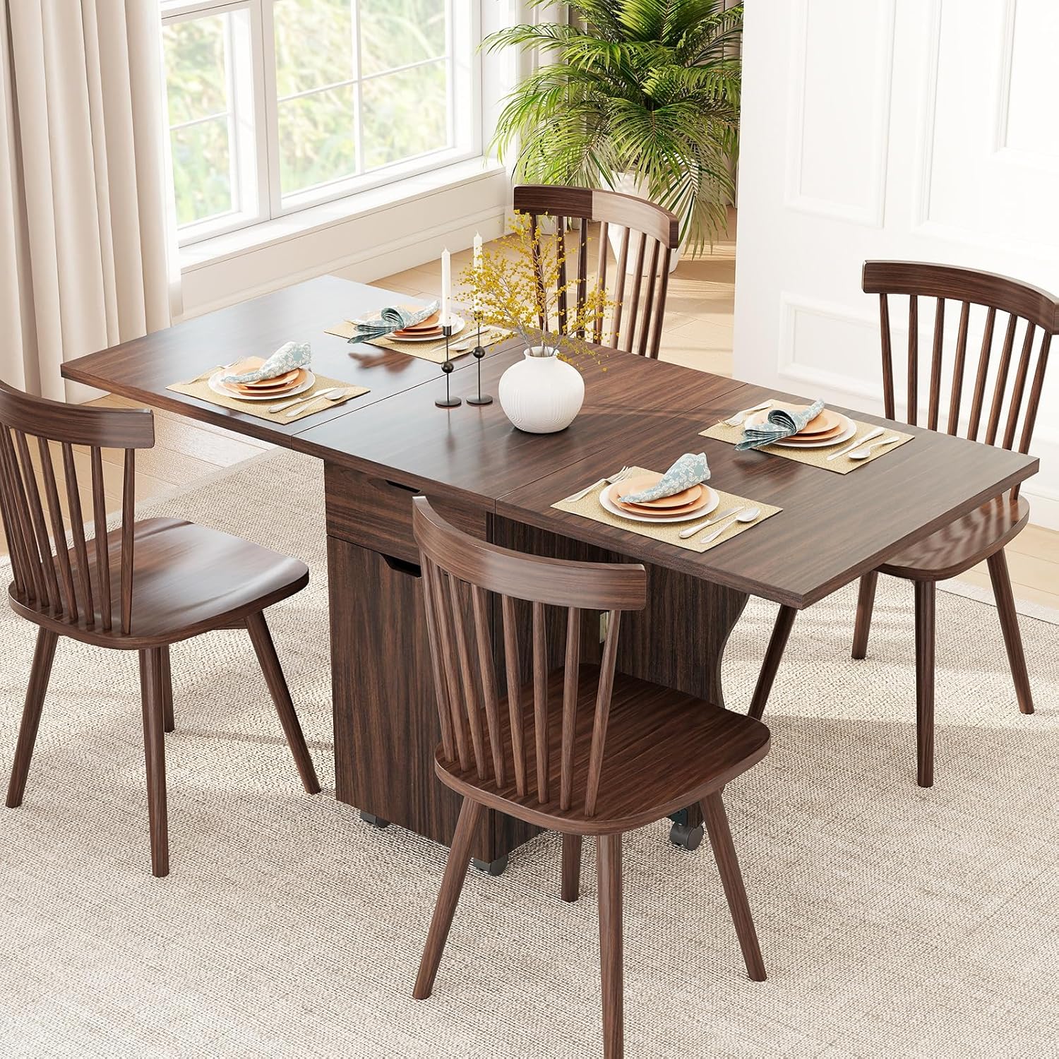 Giantex 3-in-1 Folding Dining Table for 4-6, 69-Inches Drop Leaf Kitchen Table with 2 Drawers and 2 Cabinets, Lockable Wheels, Foldable Dinner Tables for Small Spaces, Dinette (Walnut)