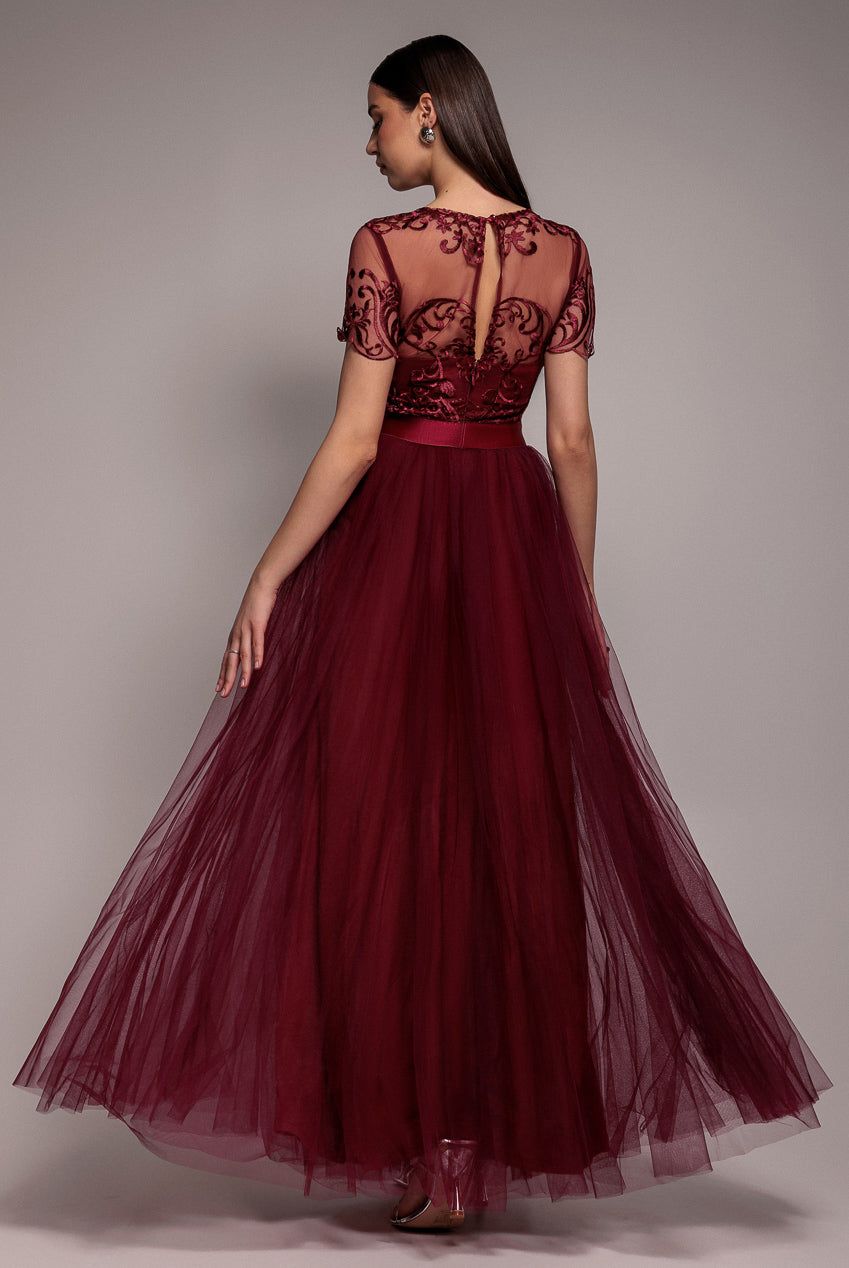 Goddiva Embroidered Mesh Maxi Dress