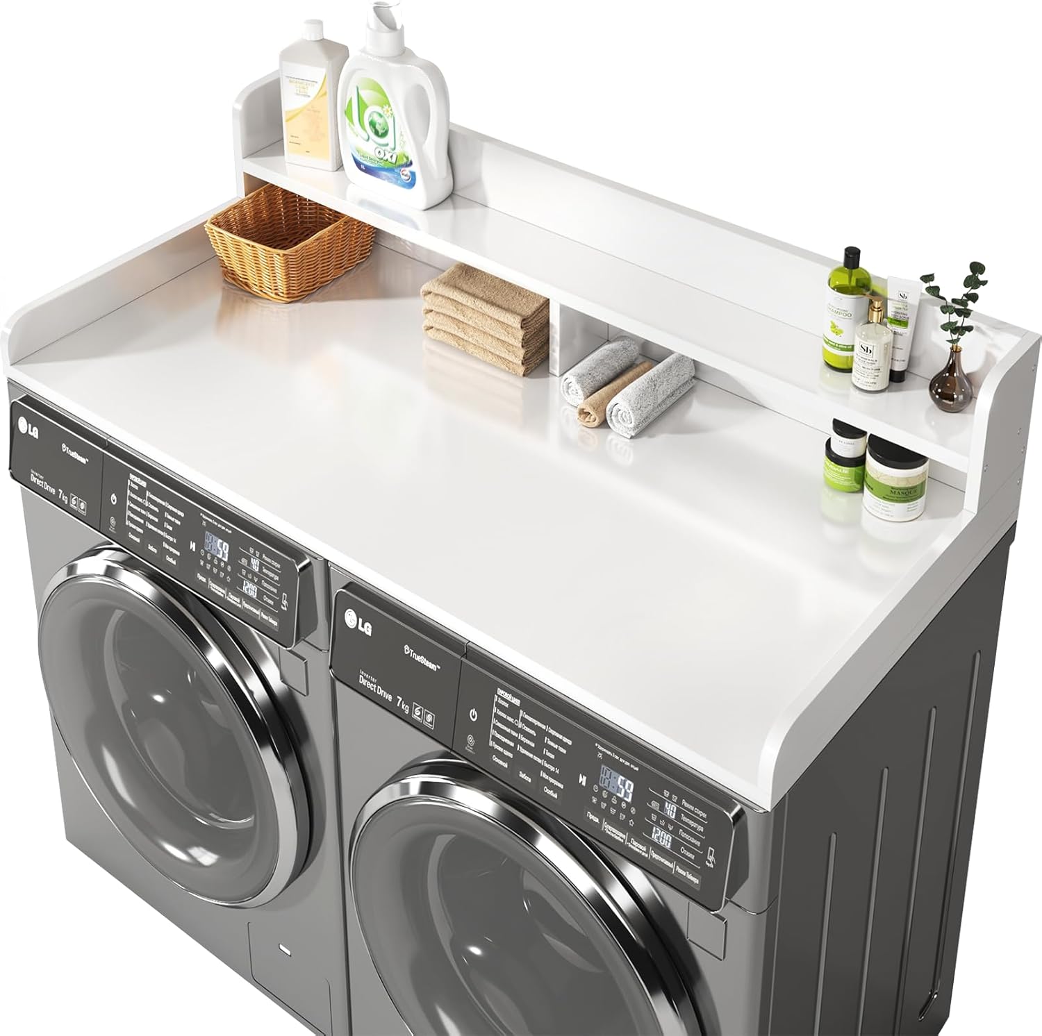 2-Tier Washer and Dryer Countertop with 2.75 H Guard,54 W x 27.5 D Laundry Countertop Cover with Non-Slip Pad,Large Space Laundry Topper for Folding Clothes Over Washer and Dryer-White