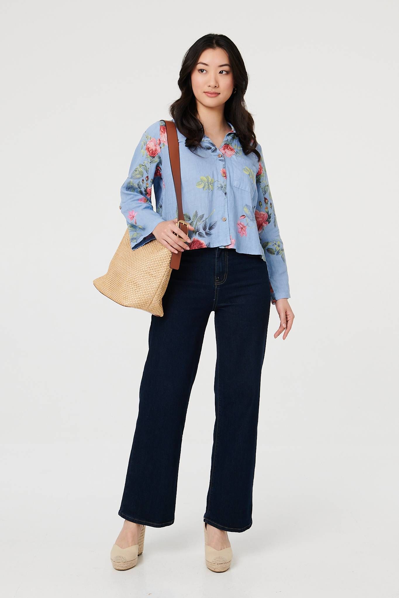 Izabel London Floral 3/4 Turn-Up Sleeve Cropped Shirt