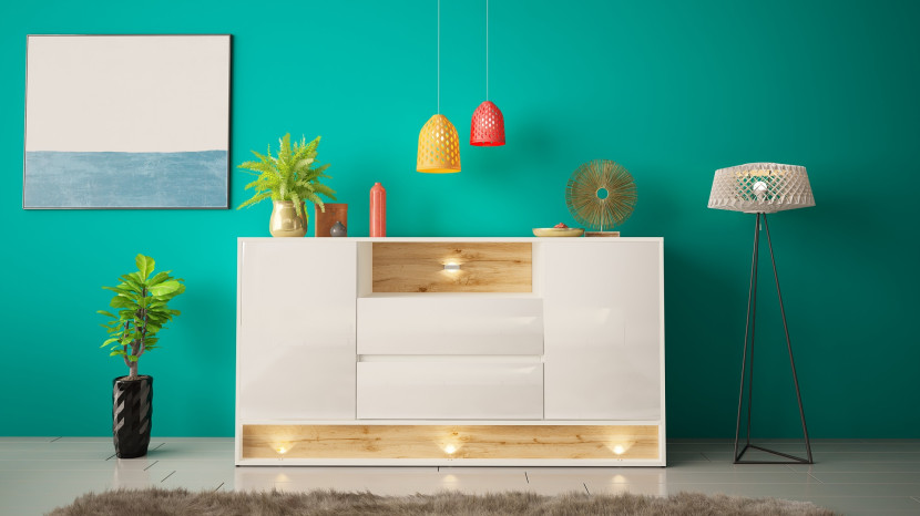 Komoda 160cm - Vision 2 Biały - Wotan mat - Biały połysk