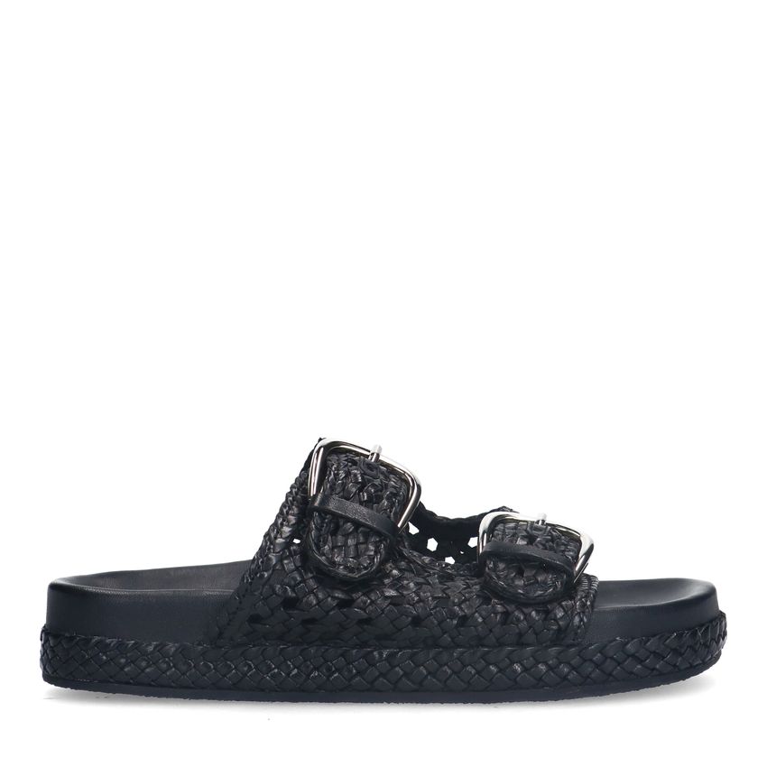 Manfield Zwarte leren slippers