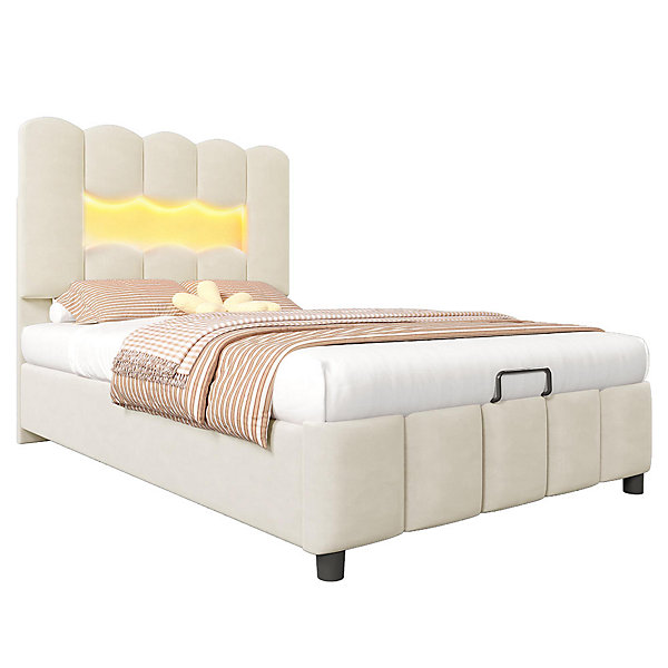 Lit rembourré 90x200 cm, LED, hydraulique, tête réglable, velours - beige