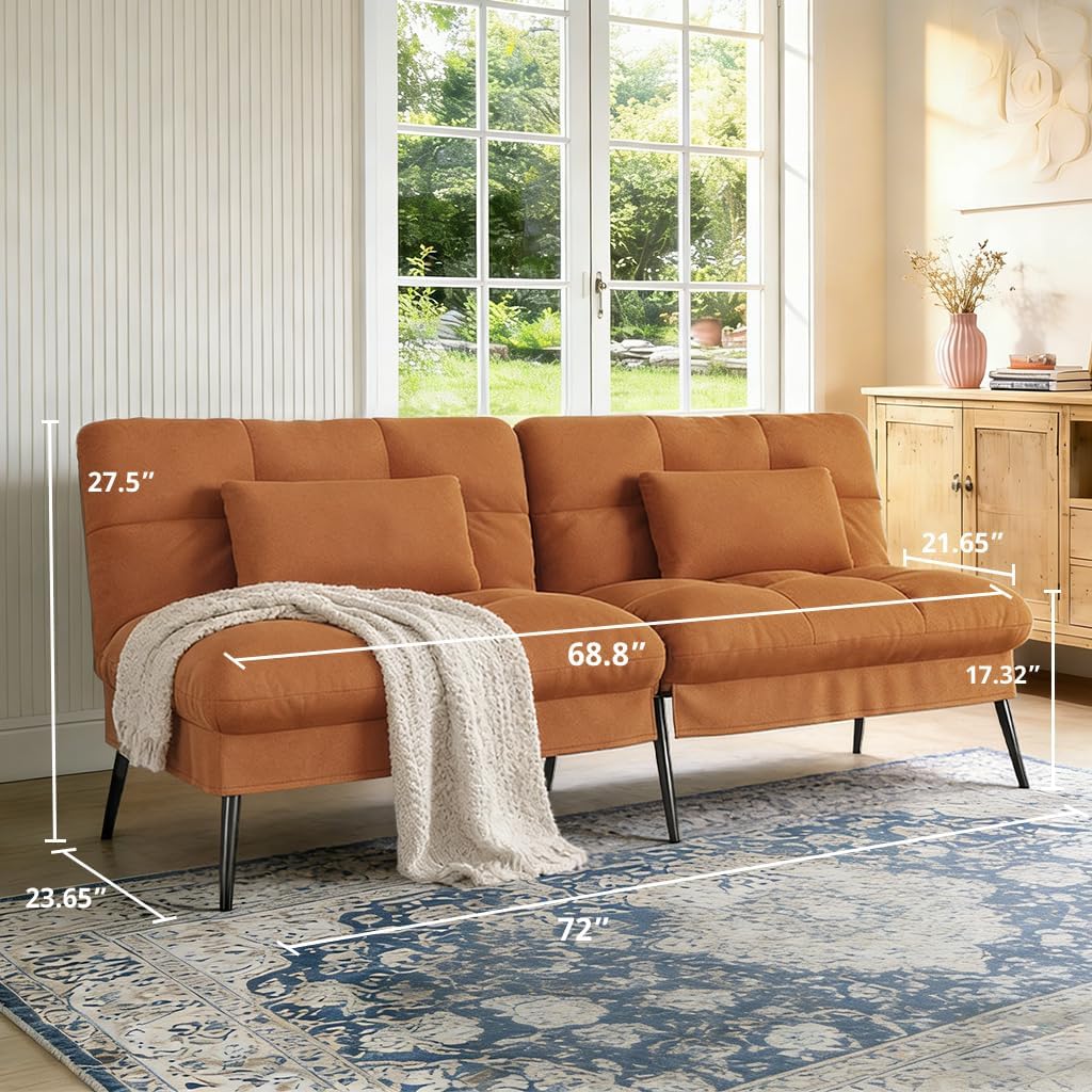 COMHOMA 72″Futon Sofa Bed,Modern Convertible Sleeper Sofa, Fabric Futon Couch with Multi-Position Backrest for Living Room Furniture (Brown)