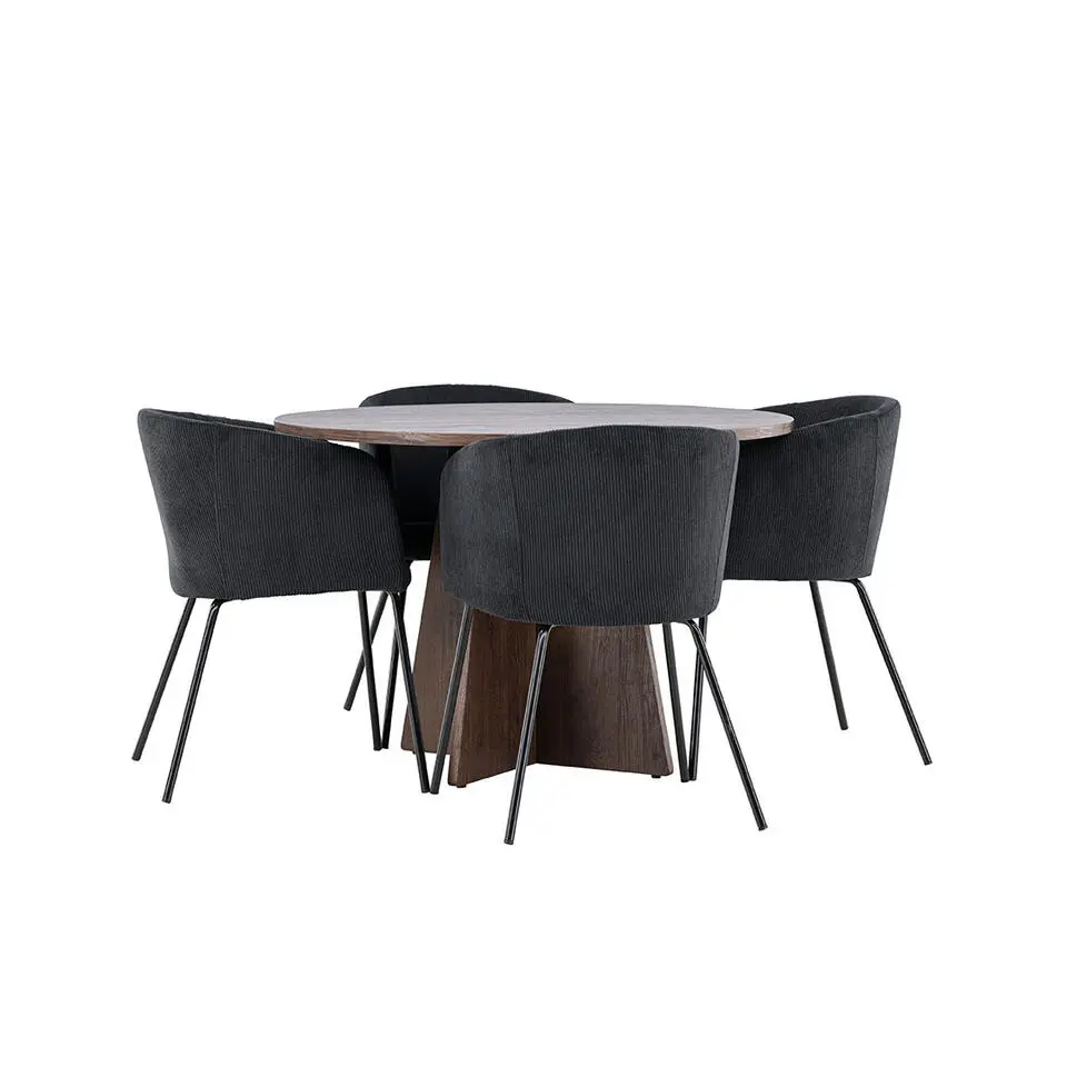 Hioshop Bootcut eethoek tafel &Oslash;110cm en 4 fluwelen stoelen met armleuningen