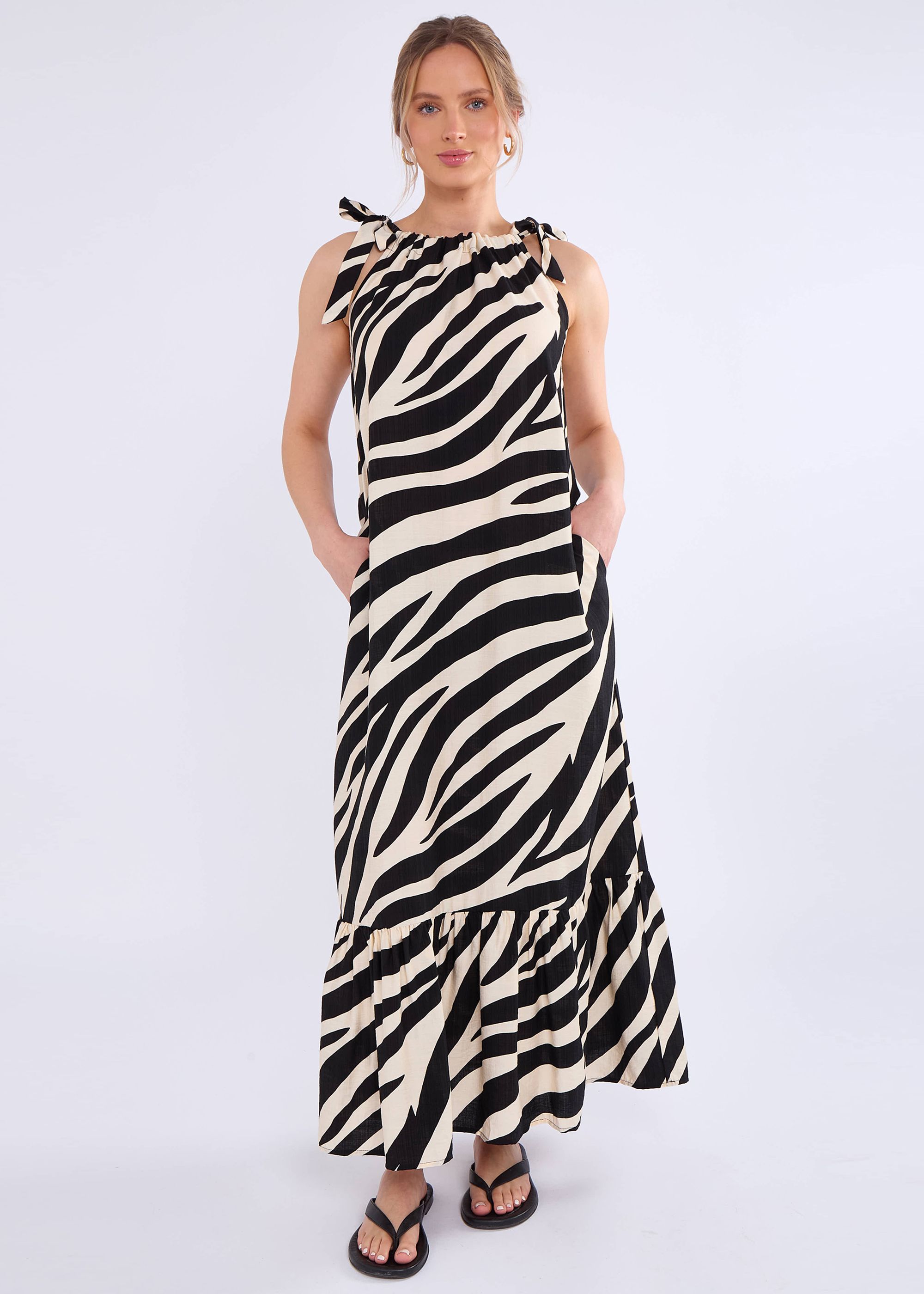 Gini London Mono Zebra Print Tie Shoulder Maxi Dress