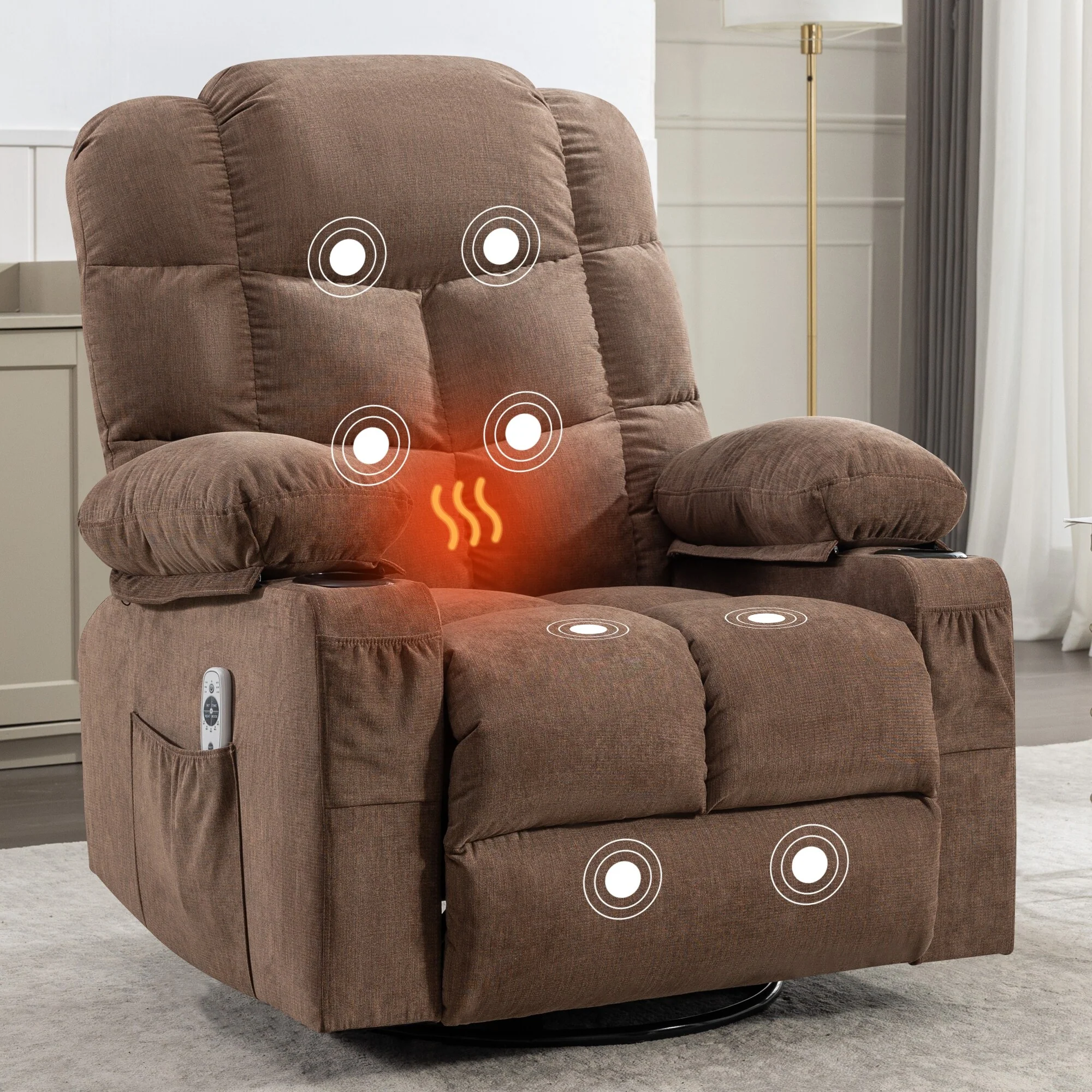 Grey Oversized Rocker Recliner Chair with Massage & Heat, 2 Cup Holders, USB Charging Port, 150° Recline & 30° Rocking Function