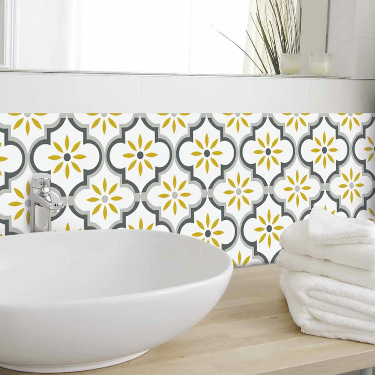 - Stickers carrelage 15 x 15 cm - Motif floral ochre et gris