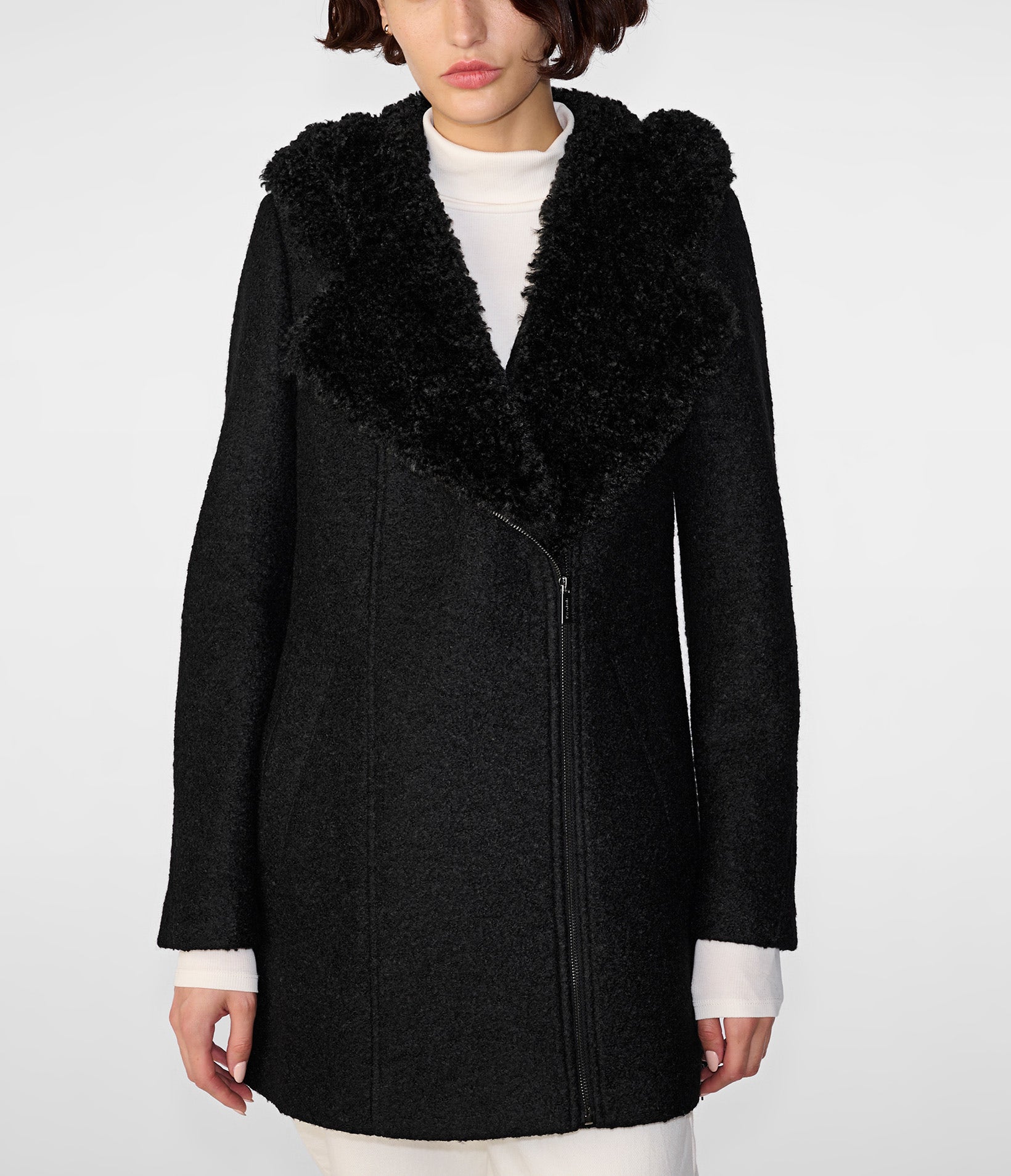 Wool Boucle Coat with Fur Lined Hood