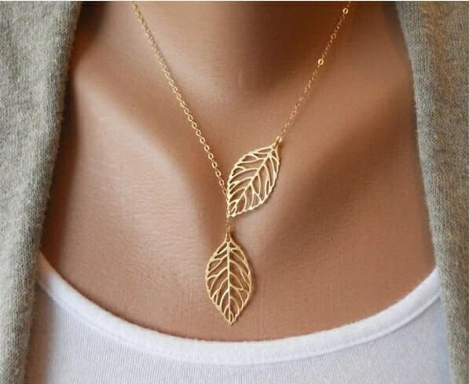 The Colourful Aura Gold Silver Twin Filigree Leaf Y shape Lariat Adjustable Necklace