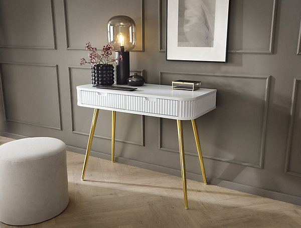 Coiffeuse 2 tiroirs façades laminées blanche pieds dorés 110 cm ZOVA