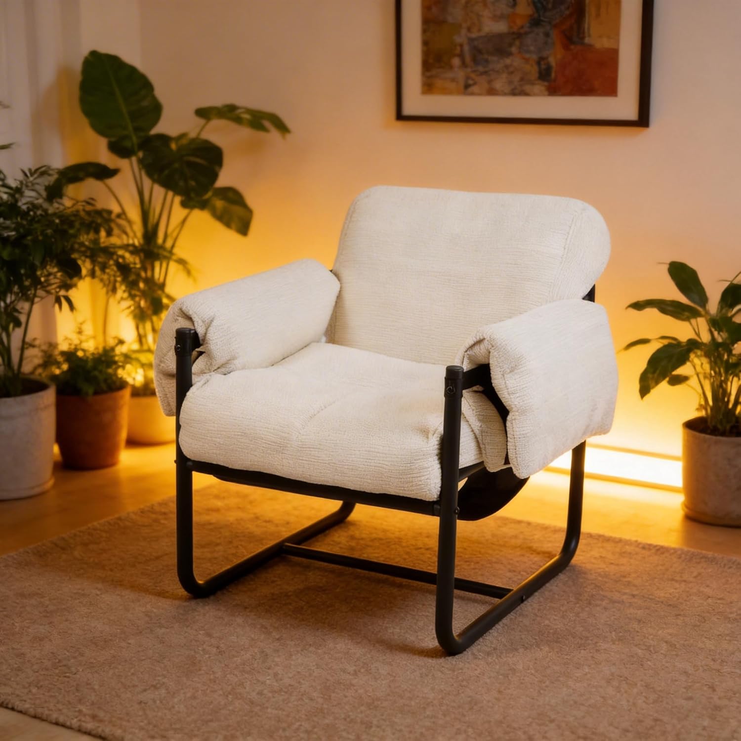 Kinfant Mid Century Modern Accent Chair, Chunky Upholstered Armchair with Metal Frame, Oversized Lounge Chair for Living Room Bedroom Small Spaces, Textured Chenille Fabric, Beige
