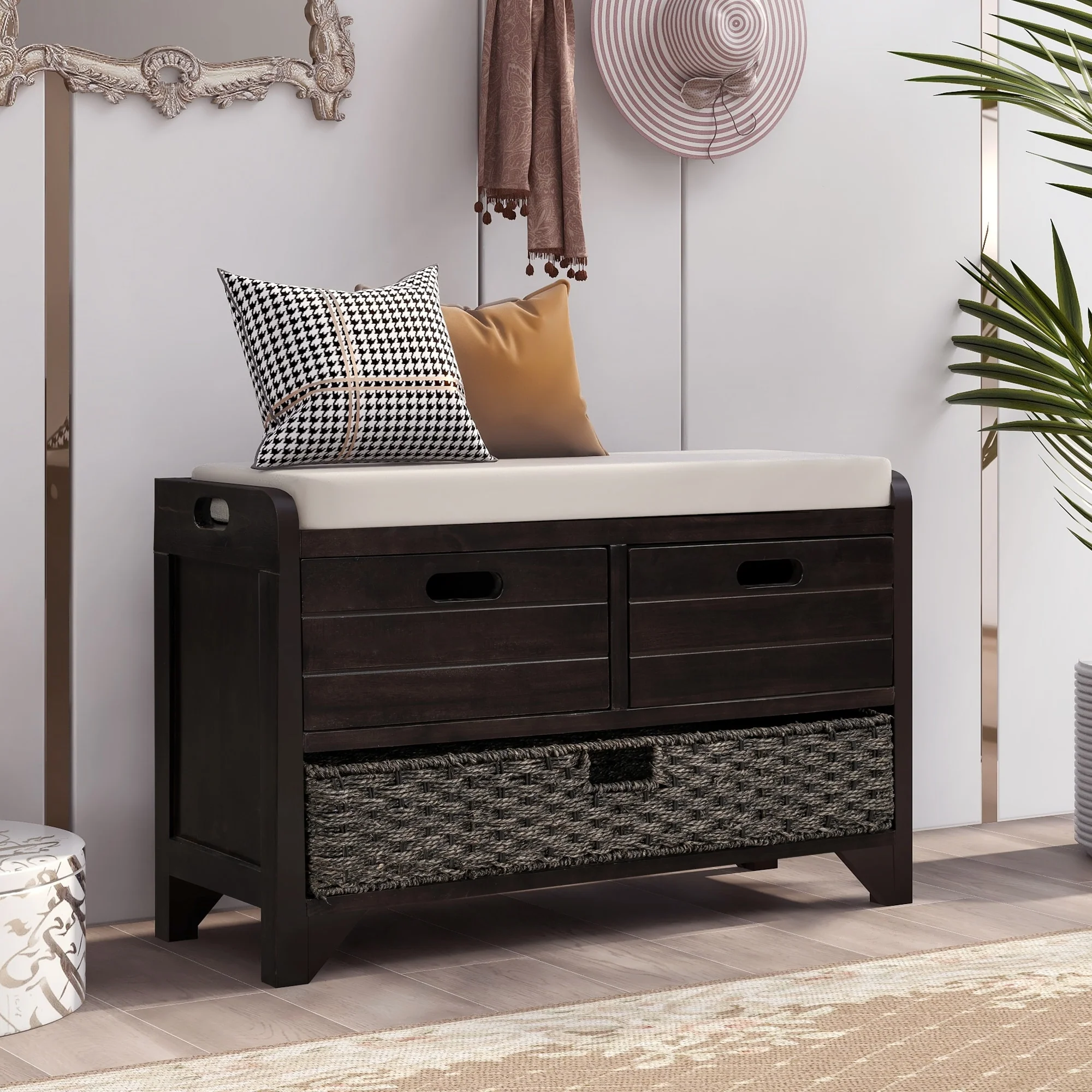 Rustic Storage Bench with Removable Cushion, Basket & Drawers - Perfect for Organized Spaces