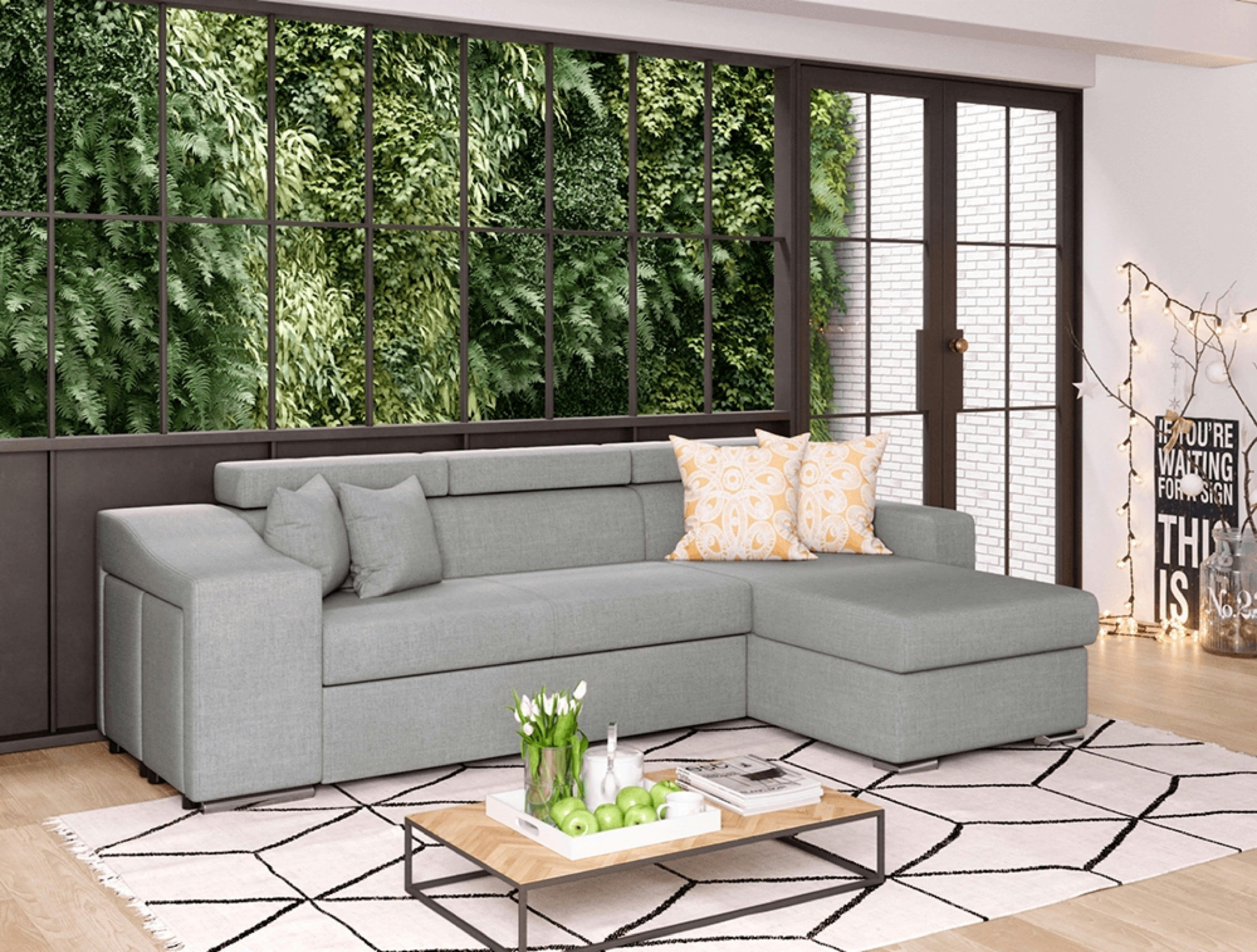 ELONA - Canapé d’angle 4 places en tissu gris avec rangement gauche