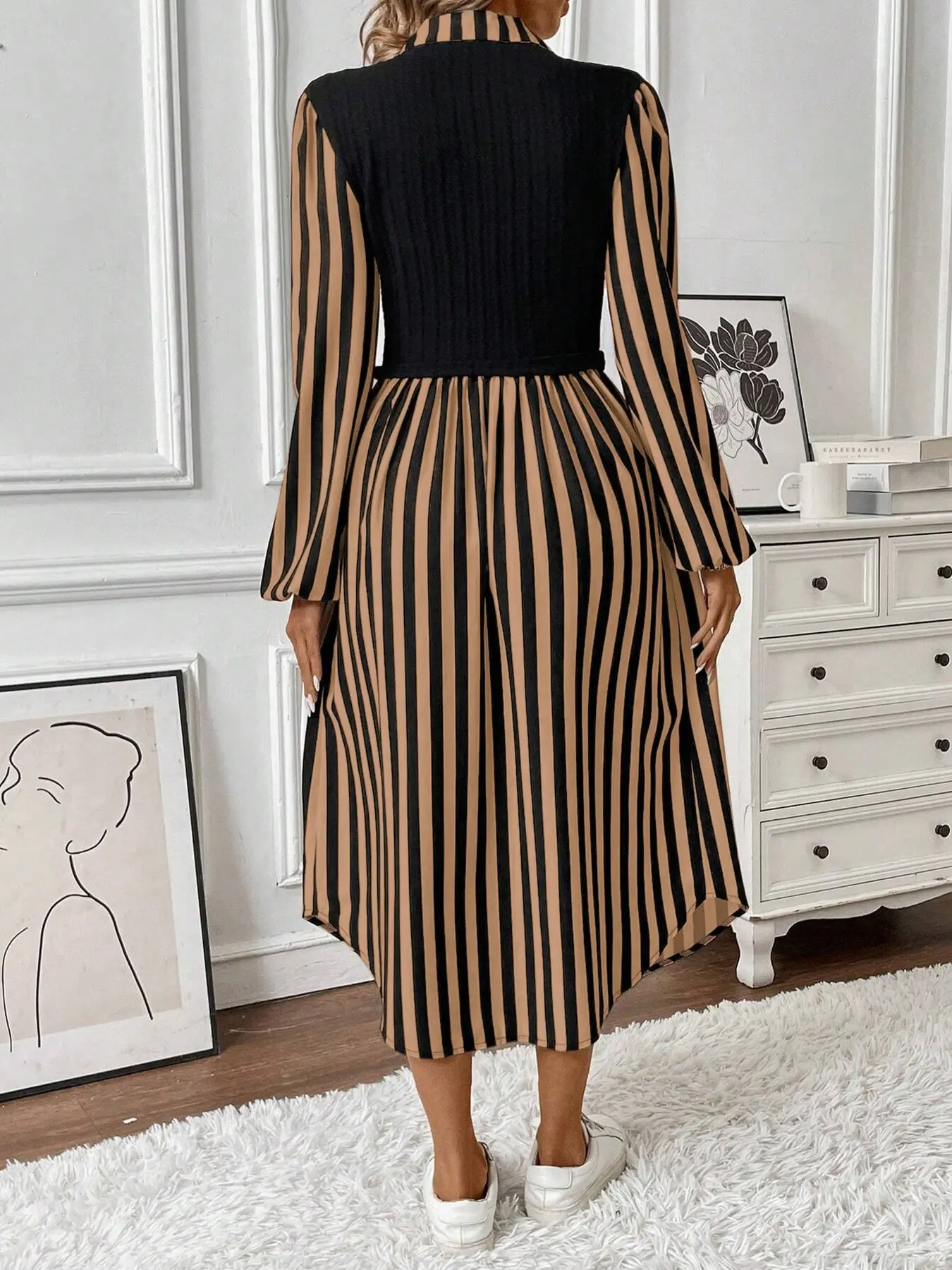 Women's Long Sleeve Striped Button Front Shirt Dress with Layered Design, Fitted, Casual Spring & Fall Fashion, Elegant Chic Outfit, Casual Classy Dress