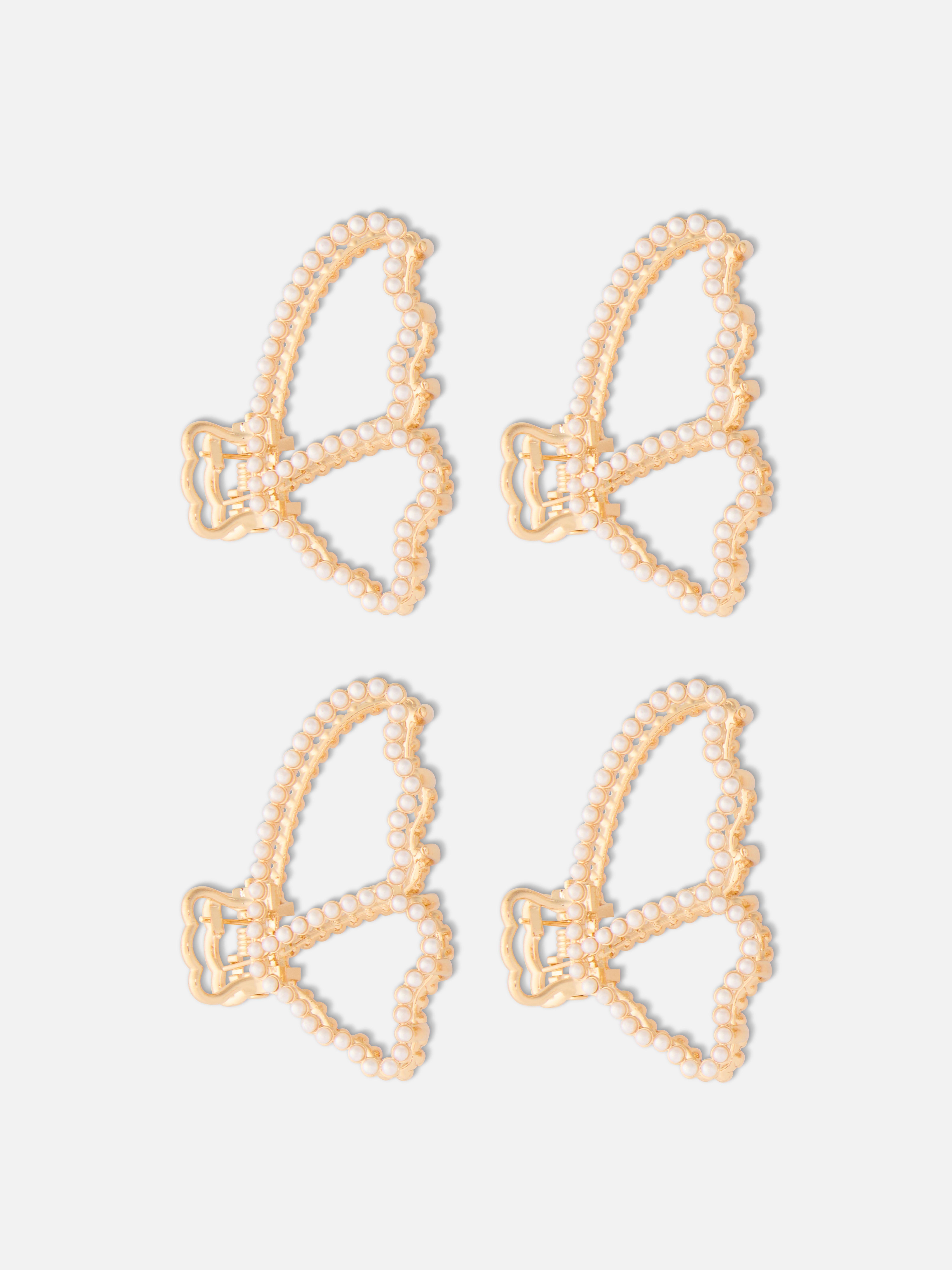 4pk Faux Pearl Butterfly Bulldog Hair Clips