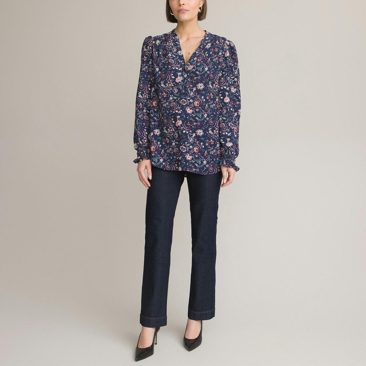 Blouse col rond imprimé cachemire, manches longues