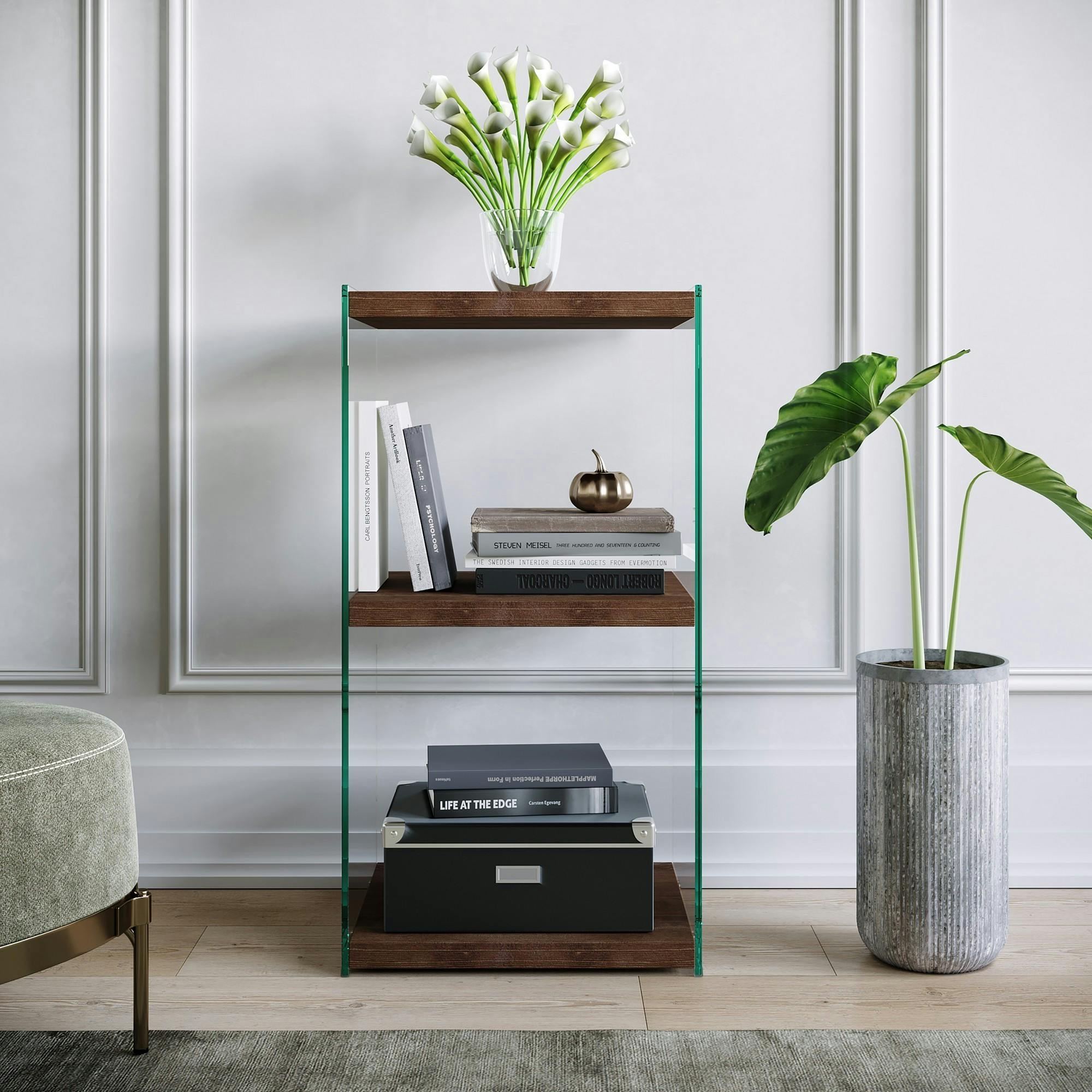 Colonne vitrine design - bois brun, 3 plateaux LHASA