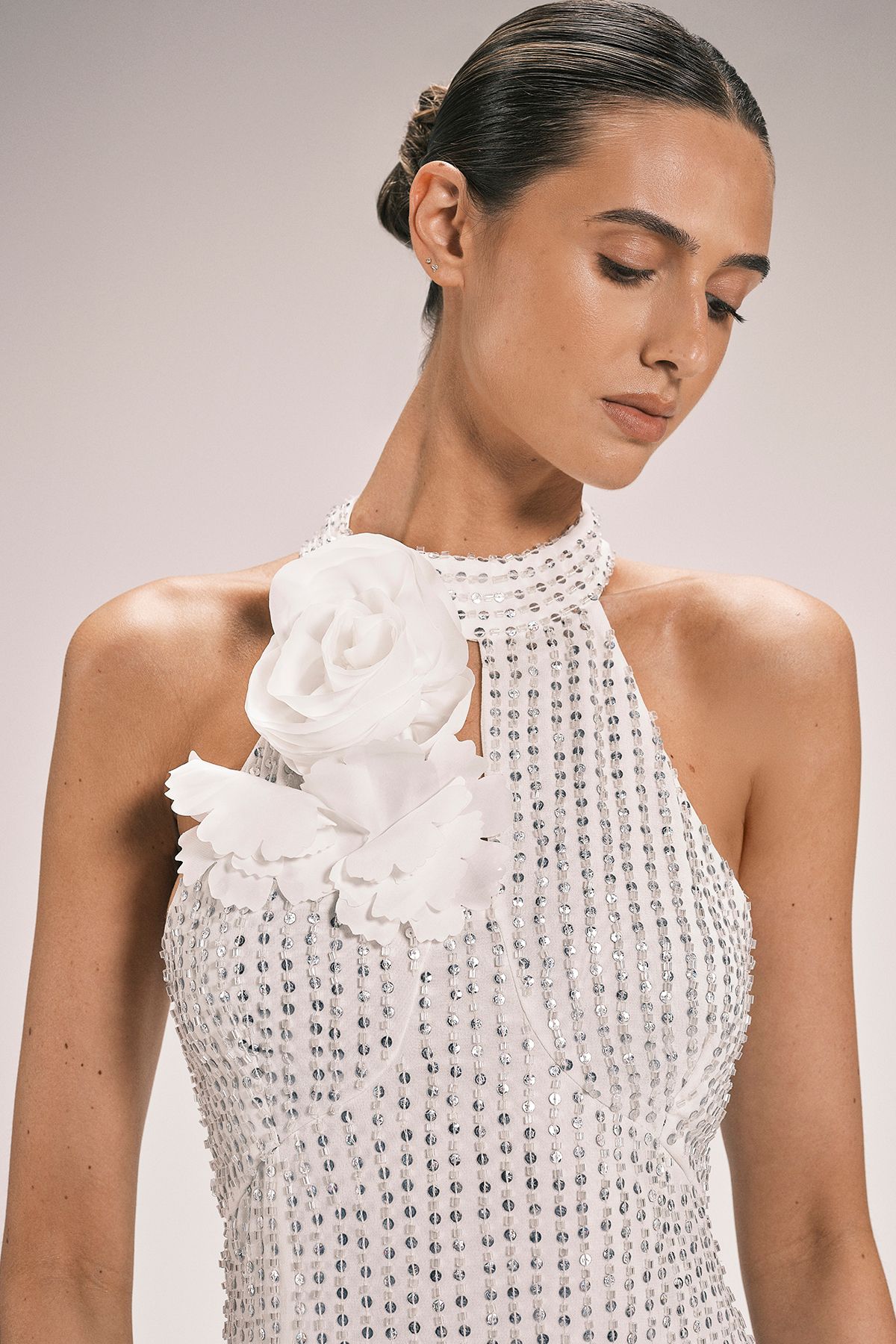 KarenMillen Crystal Applique Woven Maxi Rosette Maxi Dress