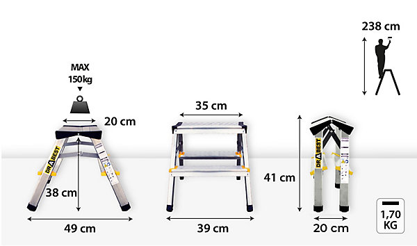 échelle professionnelle en aluminium DRABEST, certifiée double face, 2 marches, 2x2, capacité de charge 150 kg, 1 pièce.