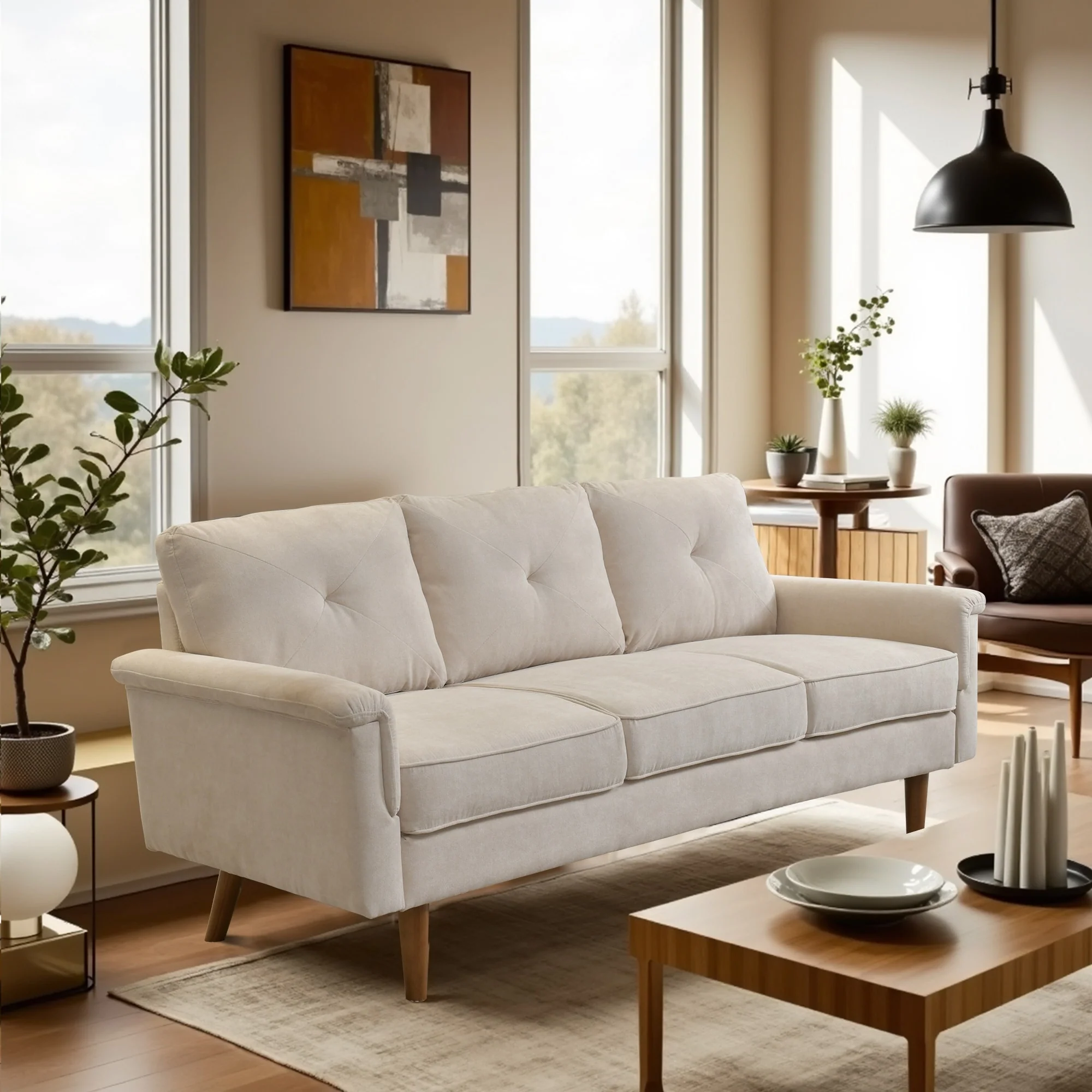 HOOOWOOO Mid-Century 3-Seat Upholstered Sofa with Wood Legs for Living Room