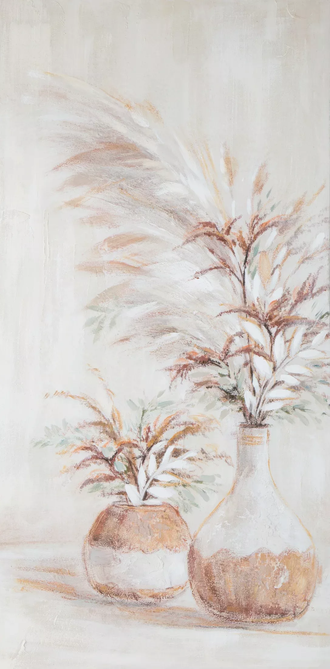 Obraz roślinny beżowo, zielony ręcznie malowany na płótnie, bukiety z trawą pampasową 60x120 cm KITTY 2