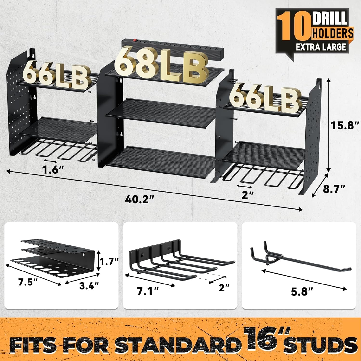 Upgrade Large Power Tool Organizer Wall Mount with Charging Station, 6.5FT Power Strip, 10 Drill Holders, and Storage Rack for Garage Organization