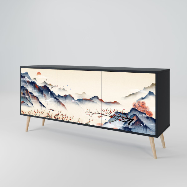 JAPANESE LANDSCAPE Komoda 3 drzwi Czarna-Bukowa skośna