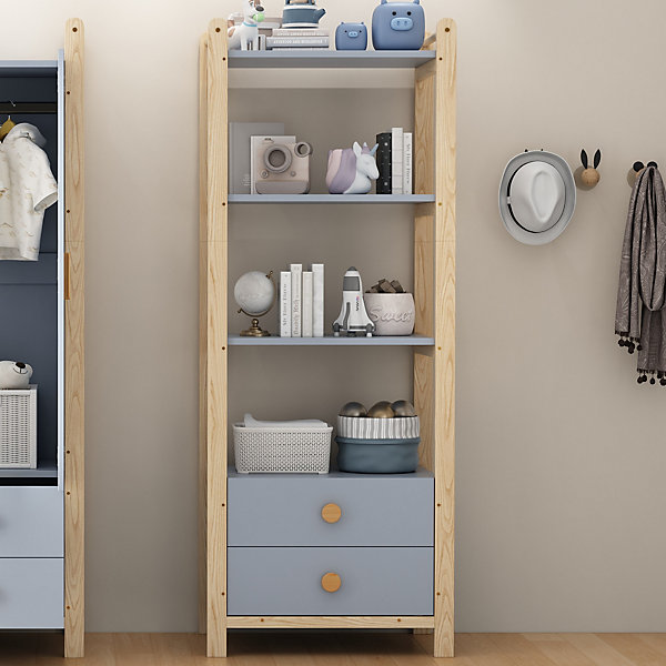 Bibliothèque étagère Haute 4 Niveaux avec 2 Tiroirs, Meuble de Rangement Pratique - MDF Bleu/Bois Naturel, 70x44x180 cm