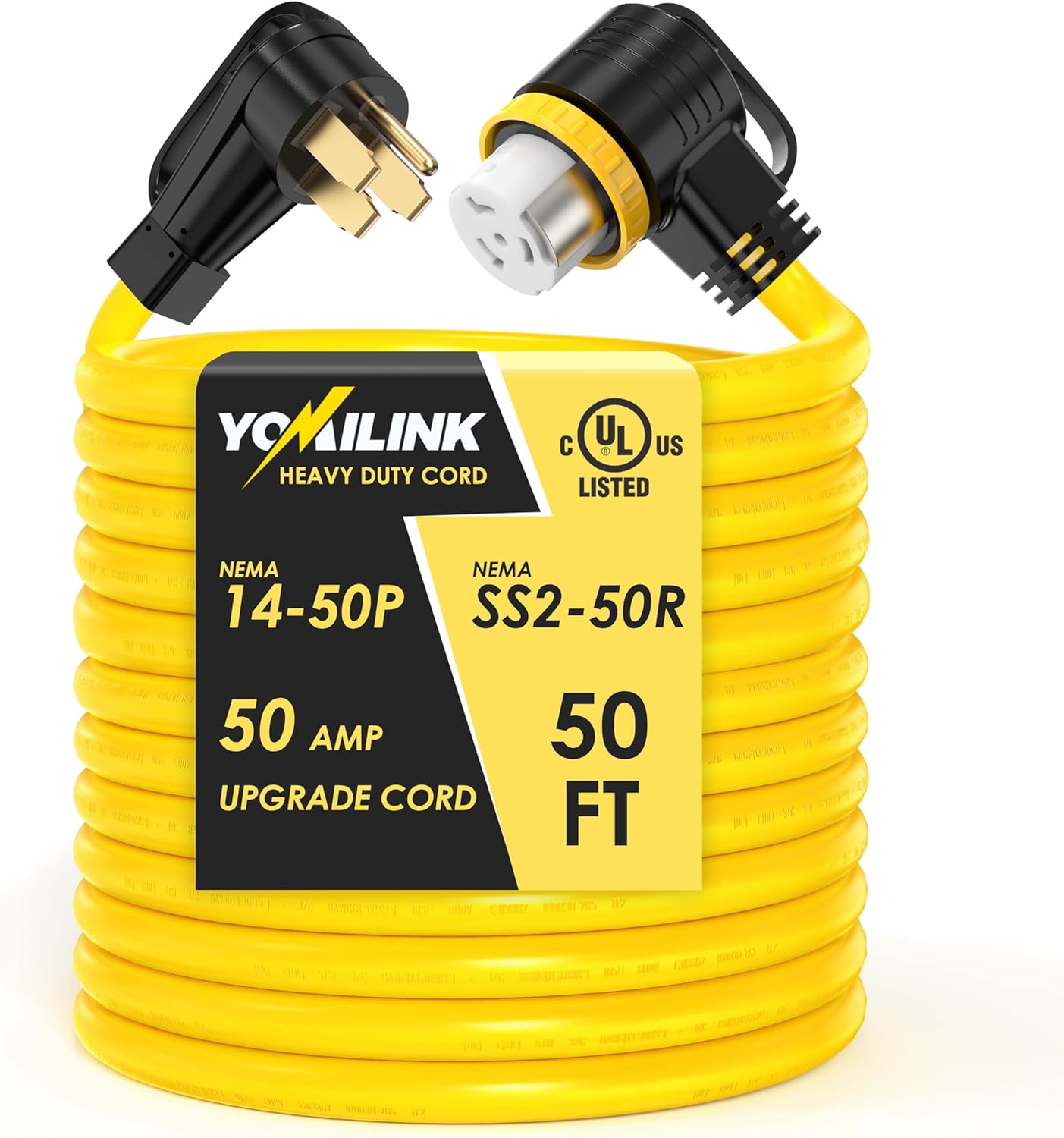 50 Feet 50 Amp RV/Generator Cord  UL Listed  100% Copper Wire  NEMA 14-50P to SS2-50R Twist Lock  Newly Designed 90°Grip Handle  6/3+8/1 Gauge STW Wire