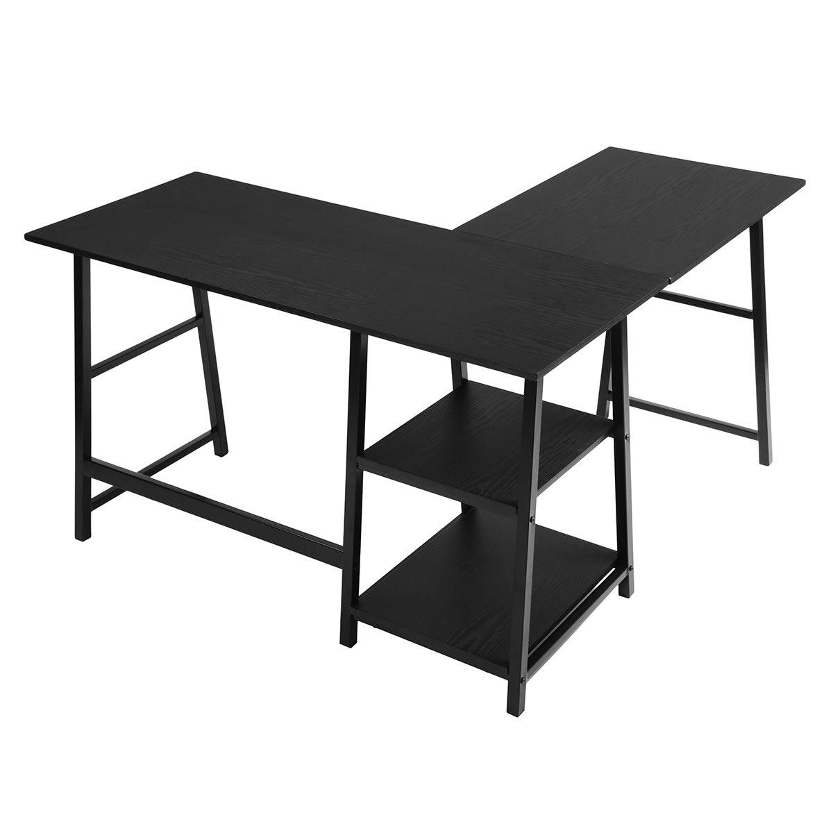 - Bureau d'angle en forme L industriel bois noir avec étagères
