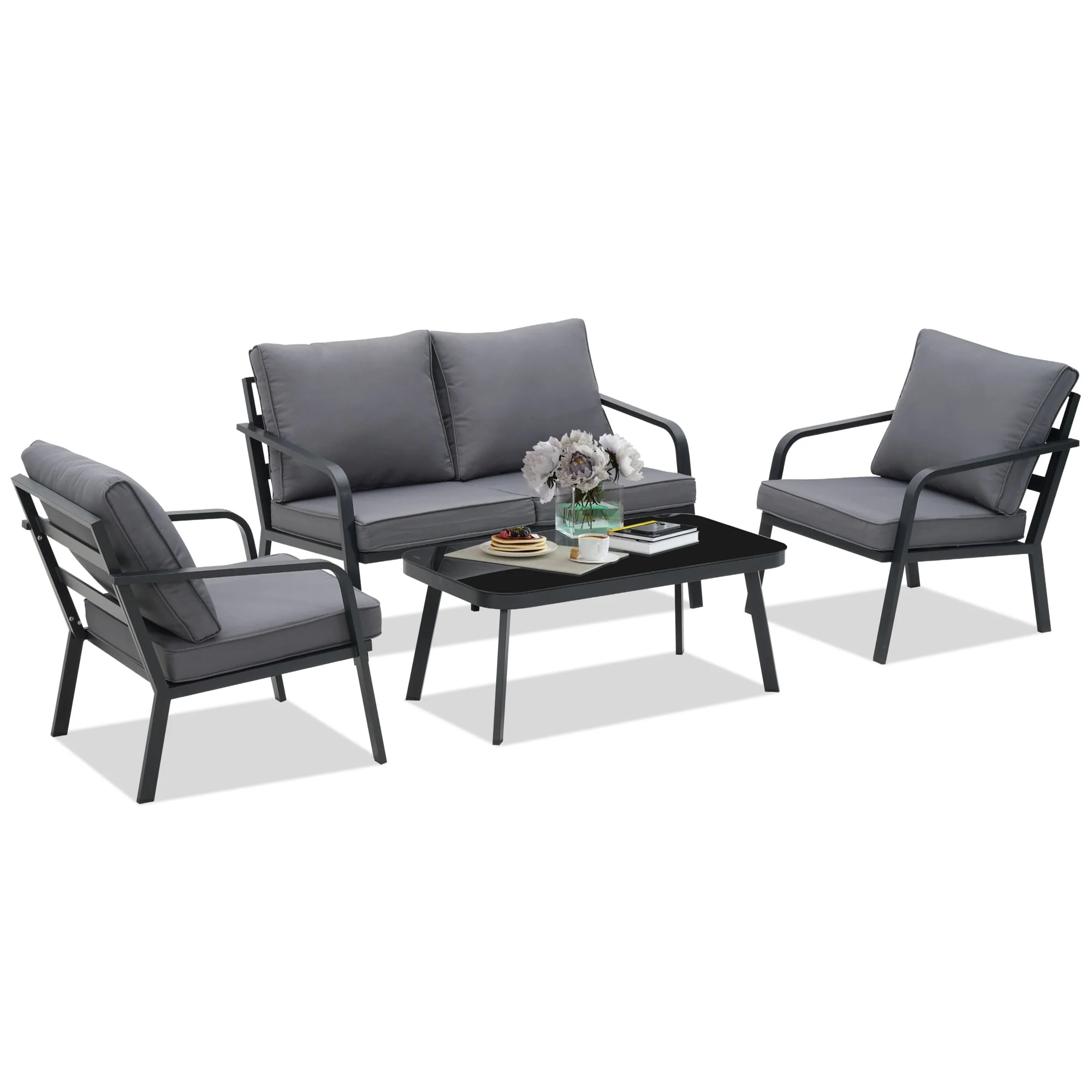 Zenova 2/4 Pcs Aluminum Patio Conversation Set Outdoor Sectional Sofa with Single Chairs