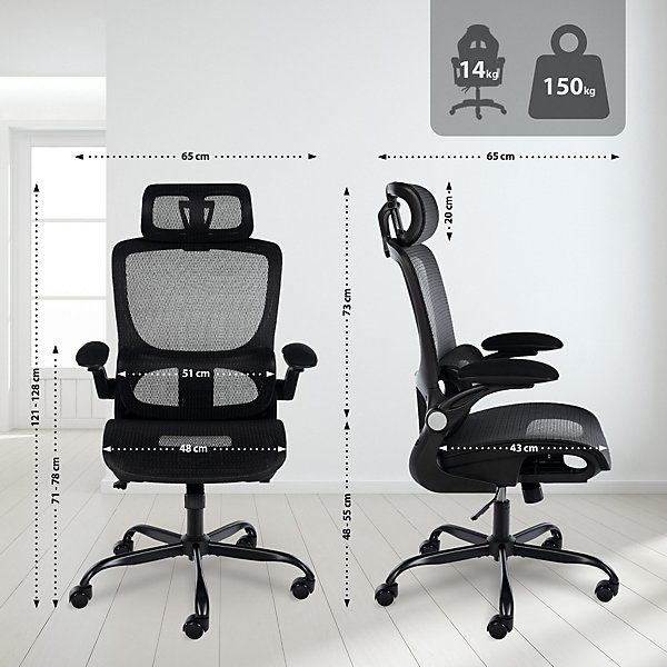 Chaise de bureau ergonomique, Kaylee réglable hauteur appui-tête, pivotante avec soutien lombaire réglable jusqu'à 150 kg. Noir