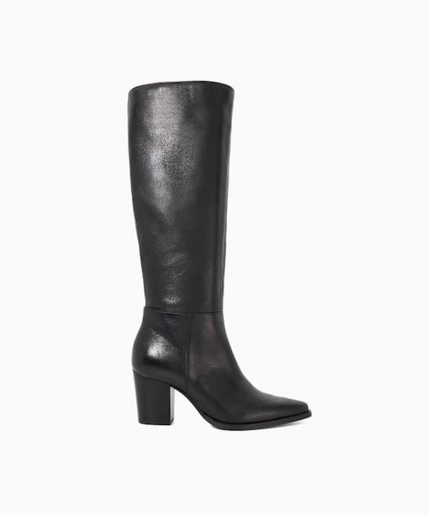 Tenna Black - Leather Block Heel Knee High Boots