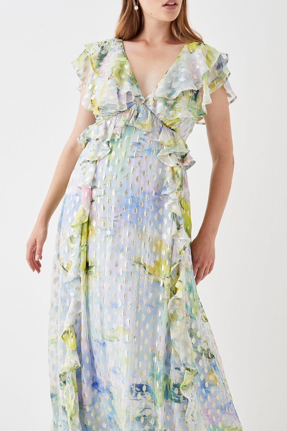 Coast Ruffle Detail Metallic Maxi Dress