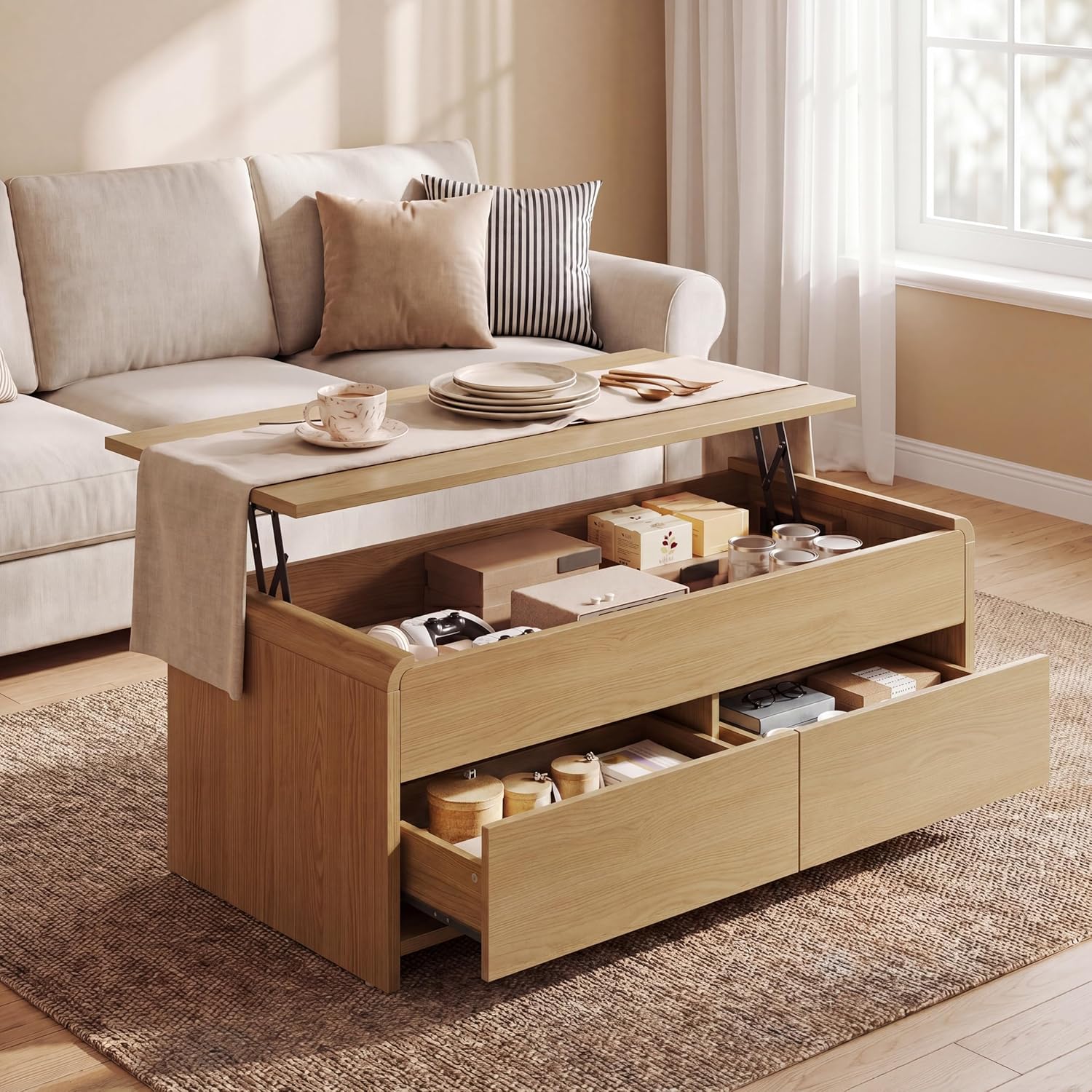 Coffee Table Lift Top with 2 Drawers, 40 Inch Multi-Function Coffee Table with Hidden Compartment, Curved Profile Design, Converts to Home Office Table for Living Room, Natural