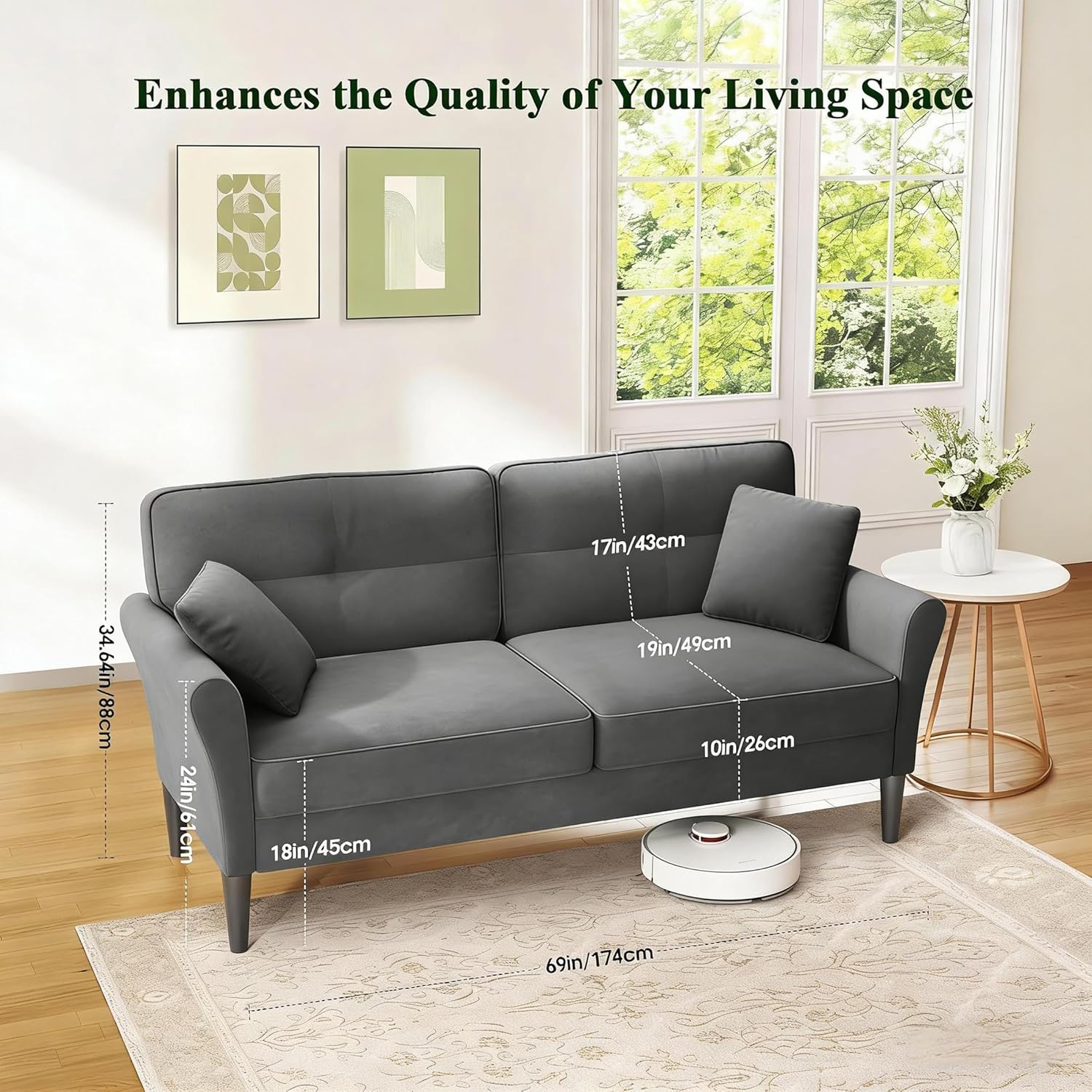 Loveseat Sofa, 69 Love Seat Couches, Comfy Velvet Small Couches for Small Spaces with 2 Pillows, Tool-Free Setup Sofas & Couches, 700lb Load Sofas for Living Room, Mini Couch for Bedroom, Grey Couch