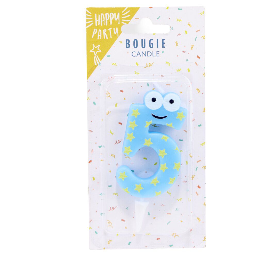 Bougie chiffre 5 cire personnage étoiles bleu et jaune H8,5cm