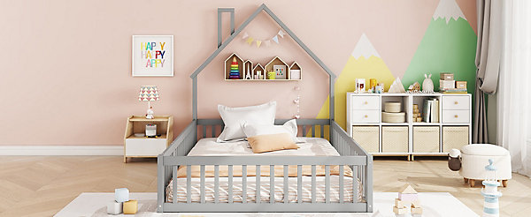 Lit Polster 140x190cm, Lit Enfant, Maison, Tête Réglable, Pin, Gris